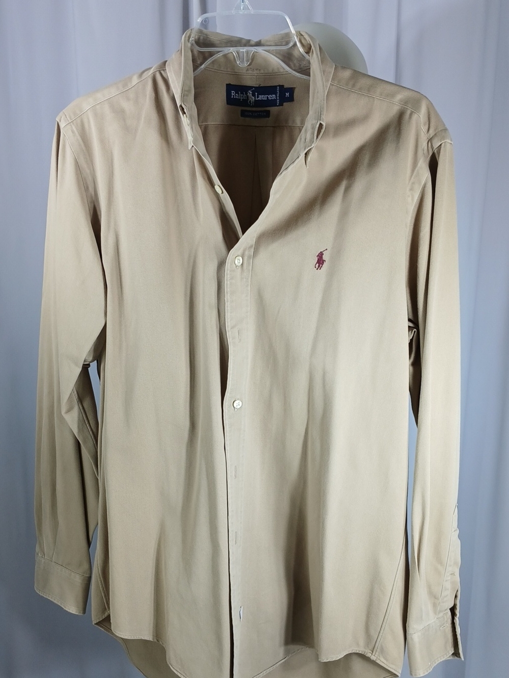 Ralph Lauren Men's Khaki Button-Down Shirt with Maroon Polo Logo